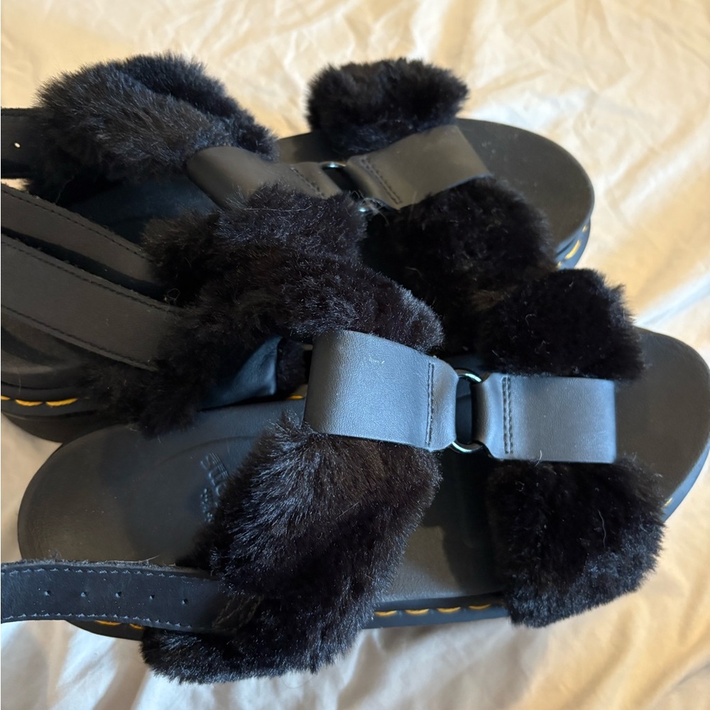Dr. Martens Black Plush Sandals with Glossy Straps